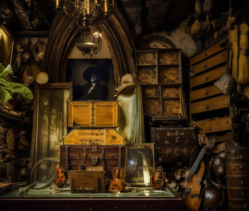 Antique shop interior with violins, chandelier, drawers, and mirror.