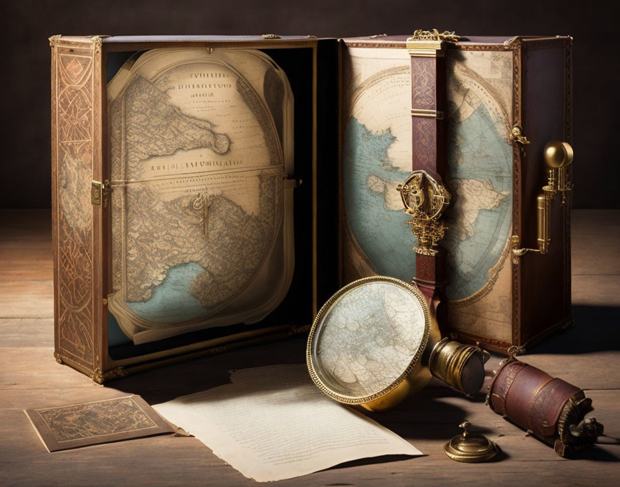 Vintage Brass Telescope, Magnifying Glass, Leather Journal, and World Map on Wooden Table