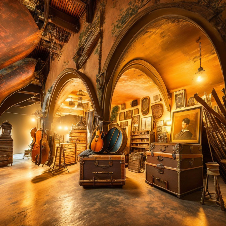 Vintage Room Filled with Musical Instruments and Antique Furnishings