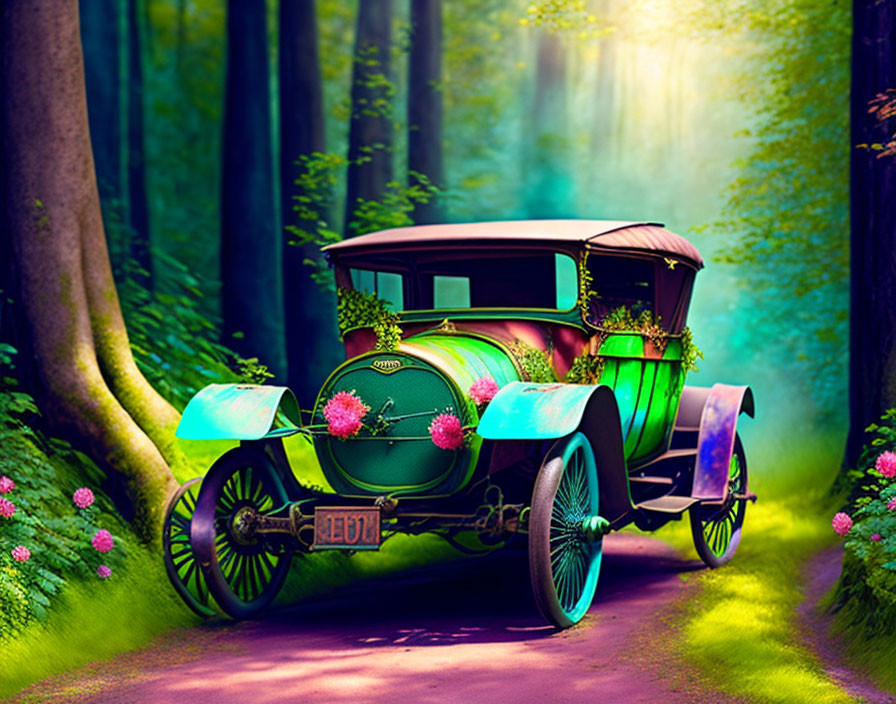 Vintage Car Decorated with Flowers in Forest Setting