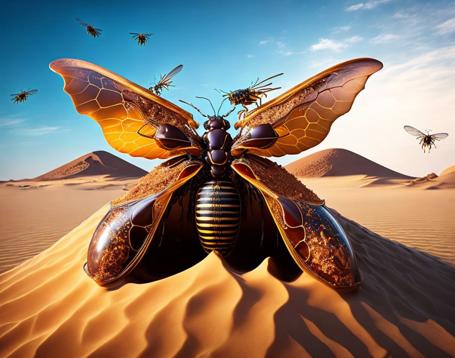 Giant mechanical bee on sand dunes with smaller bees in desert setting