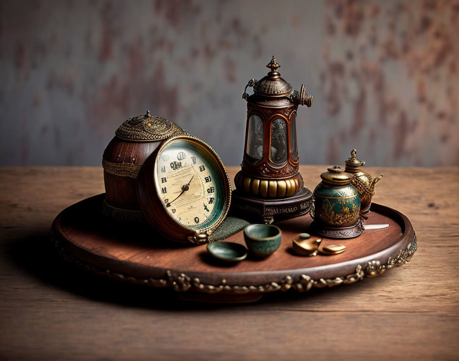 Collection of Vintage Items on Wooden Tray: Clock, Grinder, Box, Pot, Coins