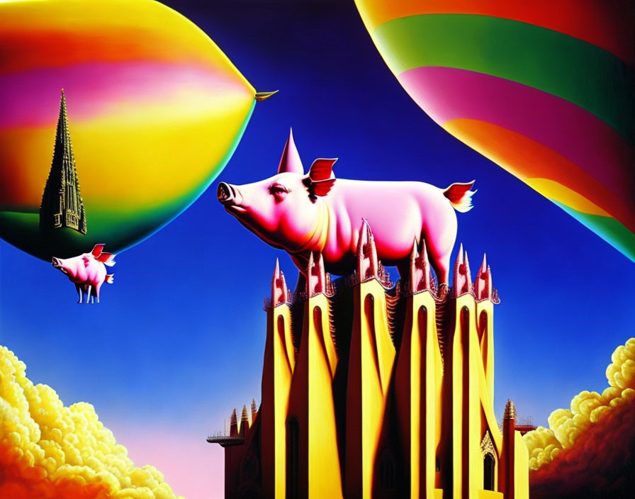 Colorful surreal artwork featuring flying pigs, hot air balloons, and whimsical structures.