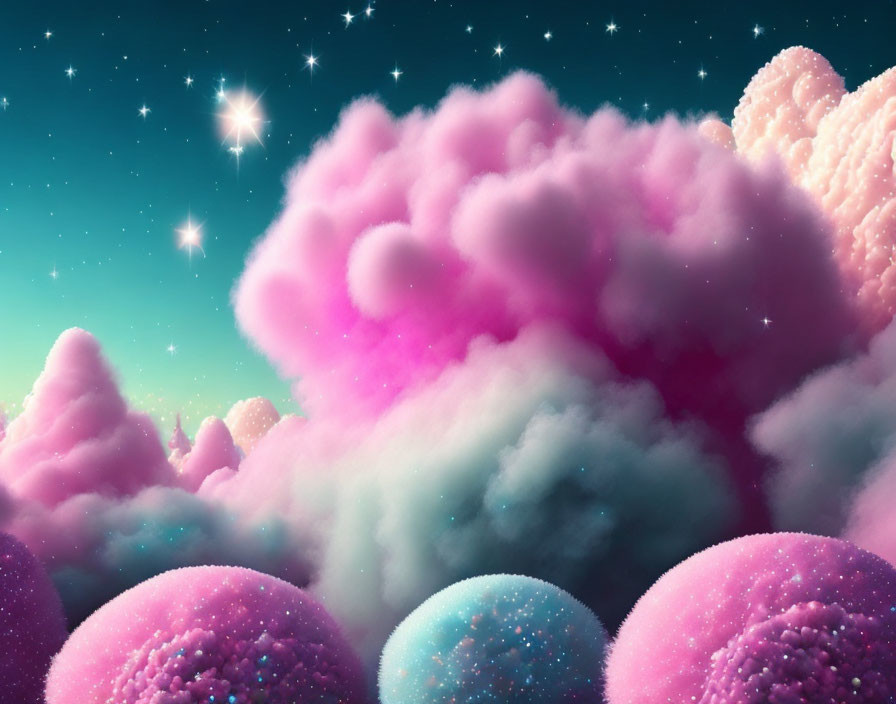 Vibrant landscape with pink clouds and blue spheres under starlit sky