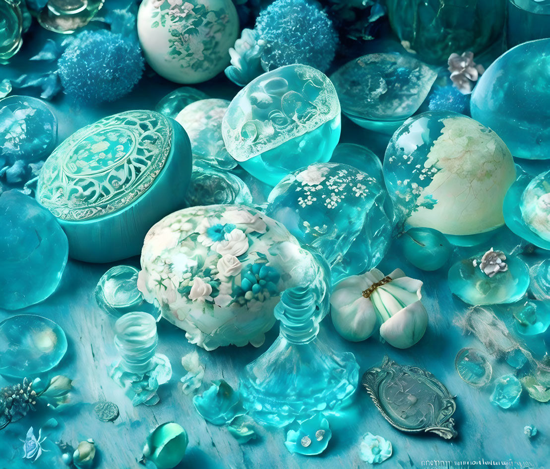 Turquoise and white ornamental objects with intricate patterns on blue backdrop