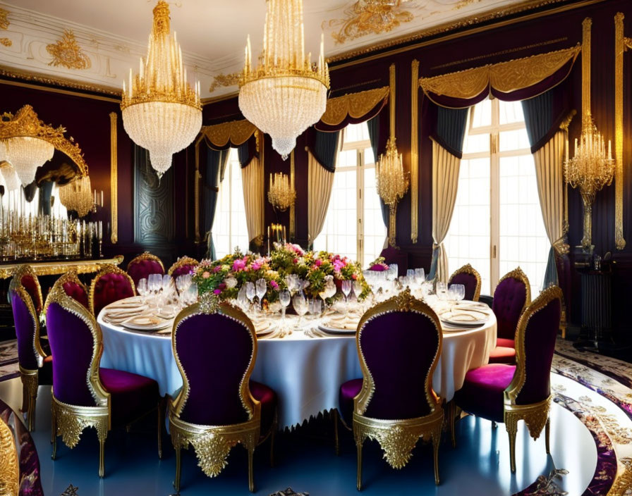 Luxurious Oval Dining Room with Purple Chairs & Grand Chandeliers