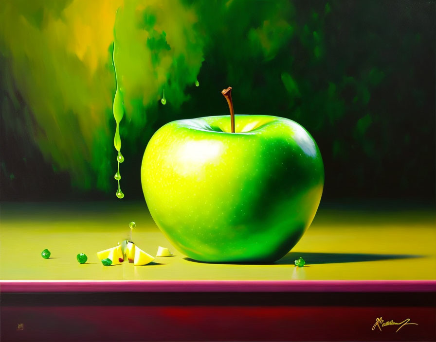 Hyperrealistic Painting: Large Green Apple with Glossy Surface and Water Drops on Dark Background