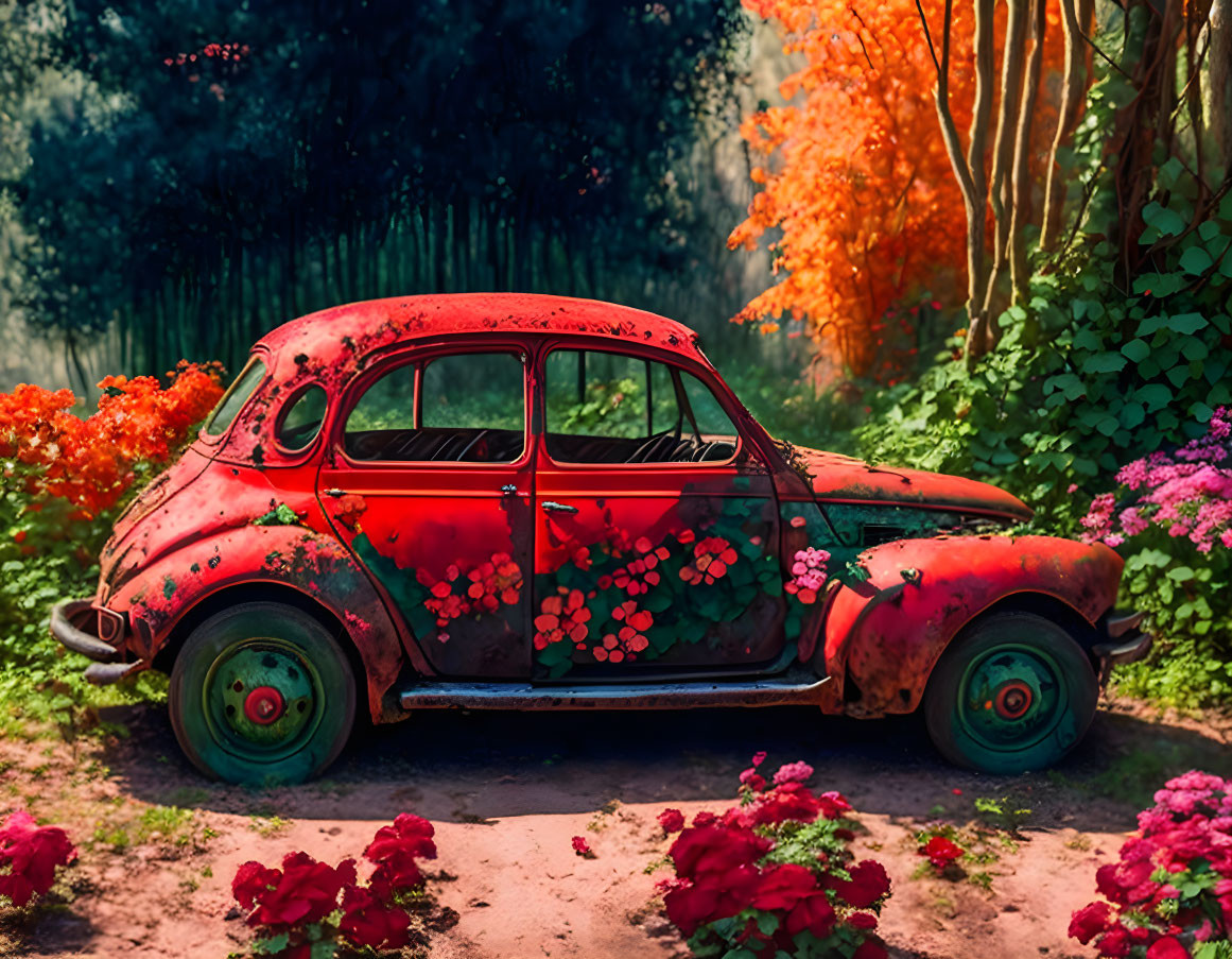 Vintage red Volkswagen Beetle adorned with flowers and moss on dirt path surrounded by lush nature