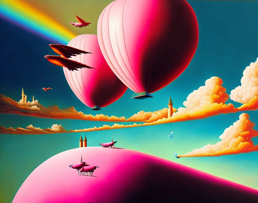 Colorful surreal landscape with pink hills and flying ships in a vibrant sky