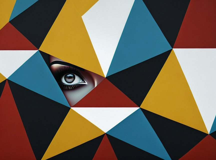 Multicolored triangle mosaic with human eye peeking through