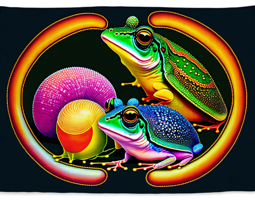 Colorful Neon-Lit Frogs in Psychedelic Digital Art