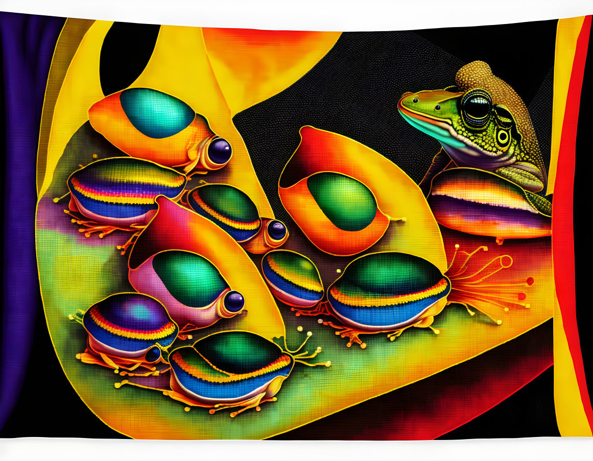 Vibrant digital artwork of colorful frogs against abstract background
