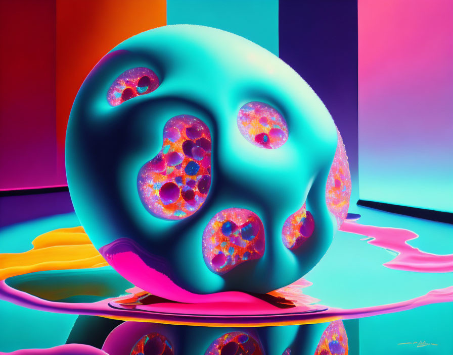 Shiny blue honeycomb sphere on neon background with reflection