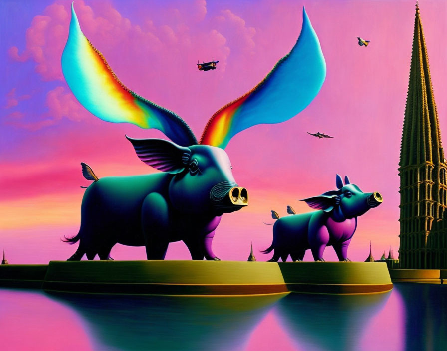 Colorful Winged Pigs Illustration by Water and Spire