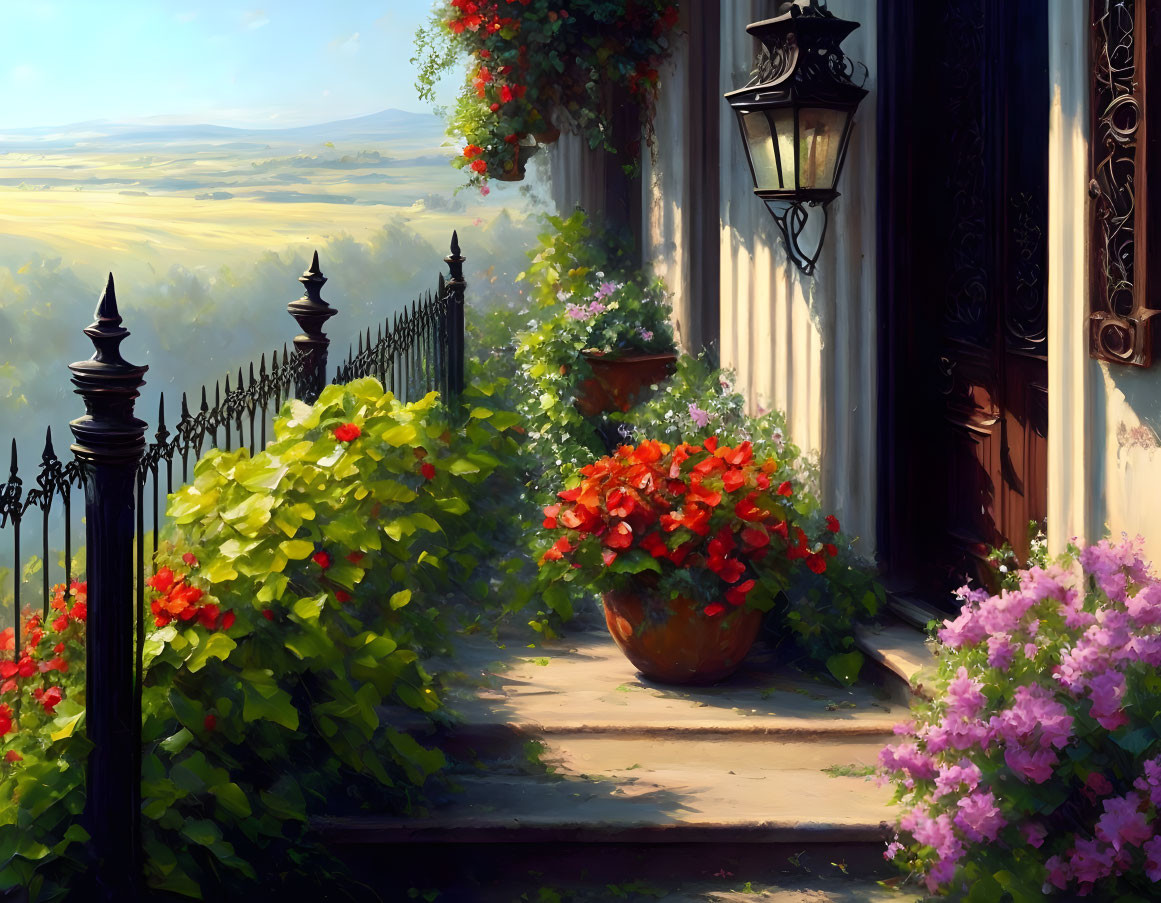 Serene landscape view from sunny balcony with flowerpots and lantern