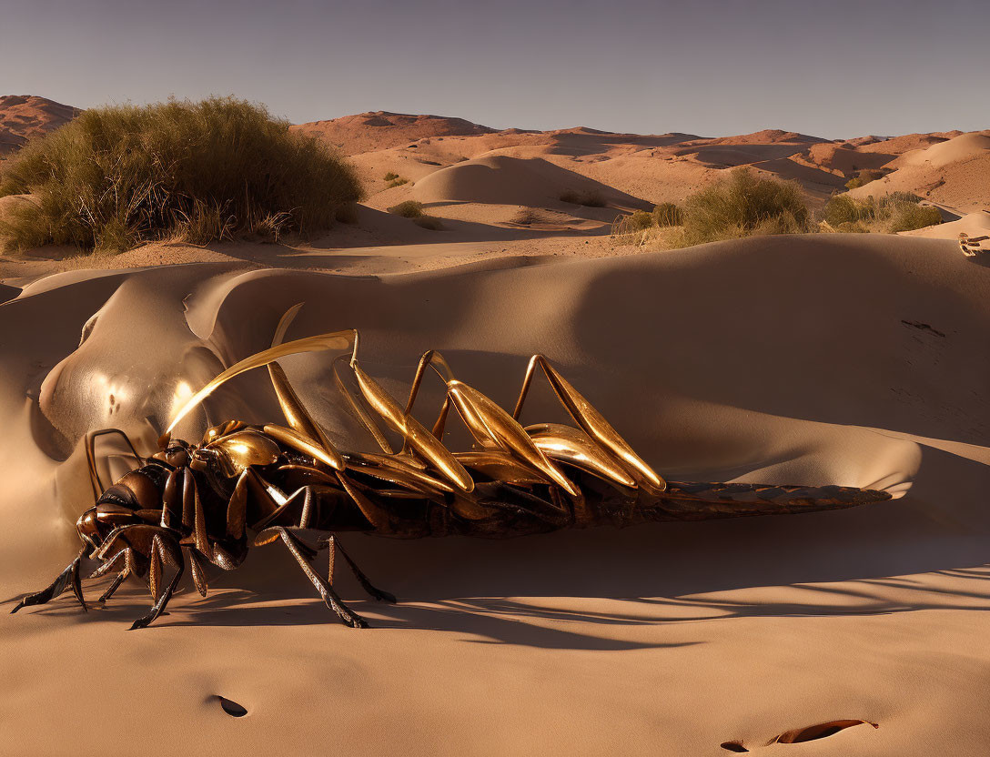 Surreal image: giant golden beetle in desert sand with green shrubbery