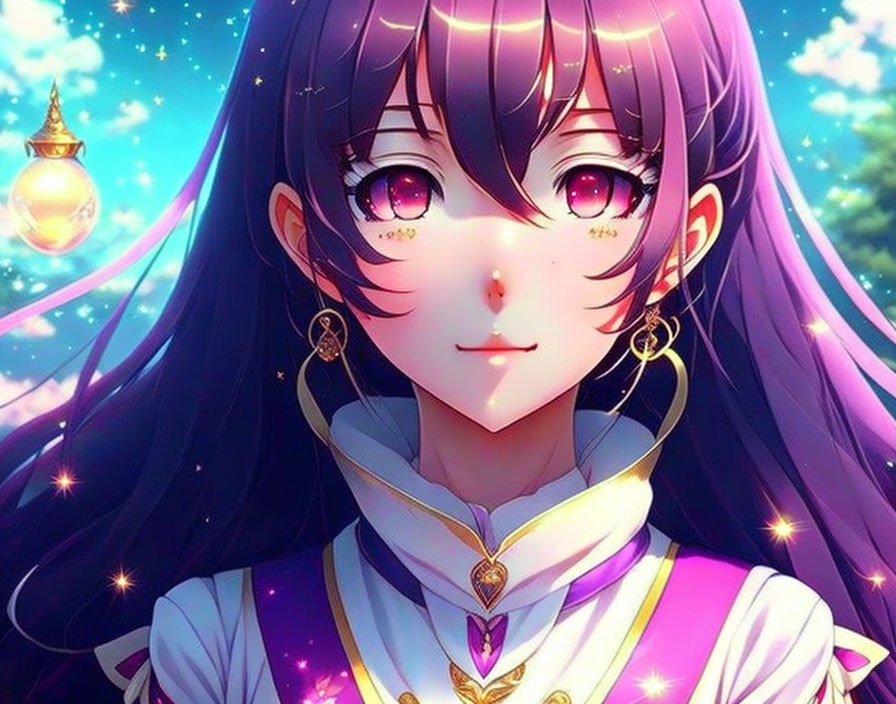 Female Anime Character with Long Purple Hair and Pink Eyes in Magical Setting