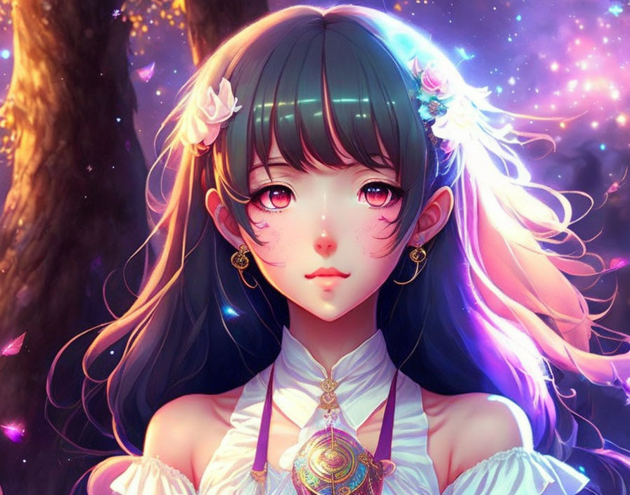 Digital artwork: Girl with black hair, purple eyes, white flowers, earrings, cosmic backdrop