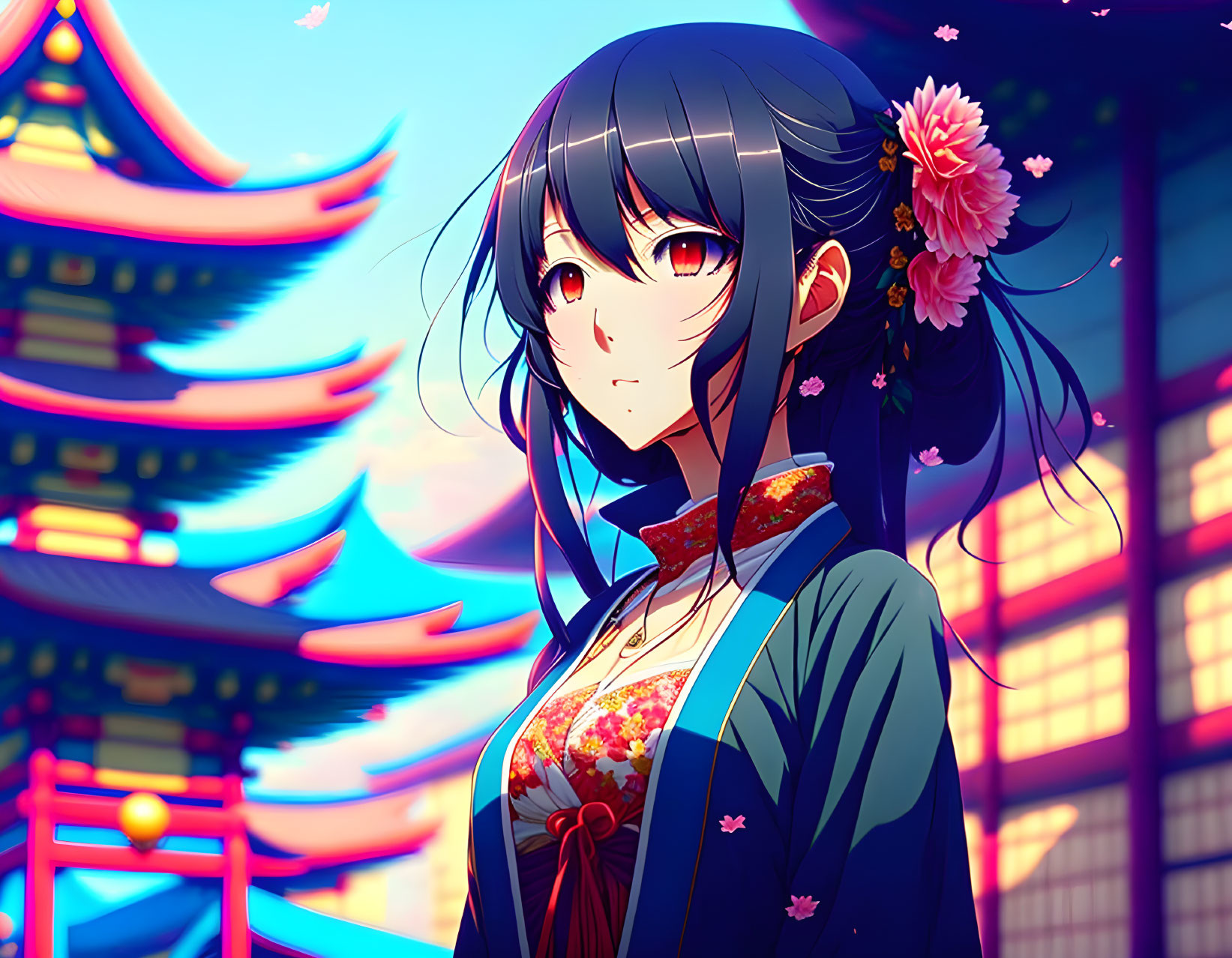 Long Black-Haired Anime Girl in Traditional Outfit at Cherry Blossom Temple