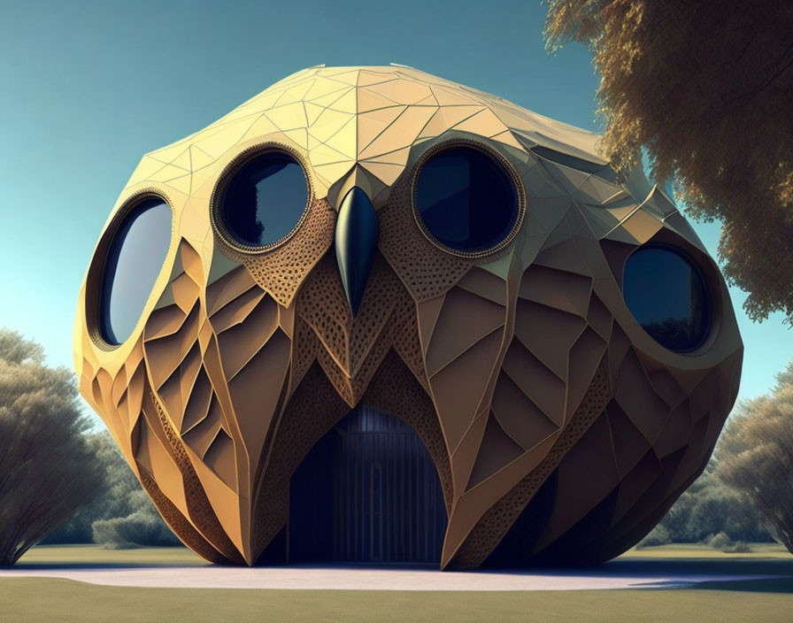 Geometric Owl-Shaped Building with Round Windows in Serene Landscape