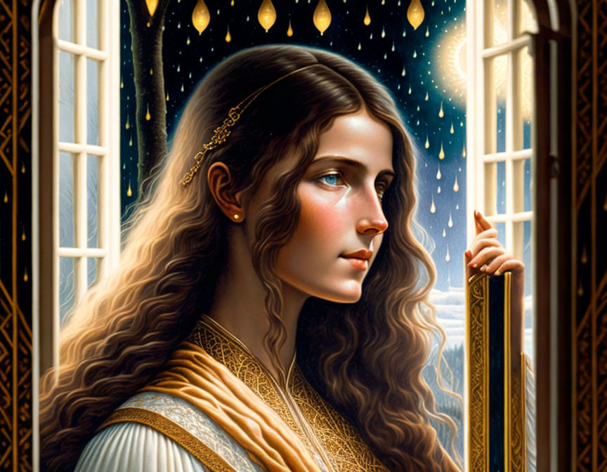 Ethereal woman with long hair by window under night sky