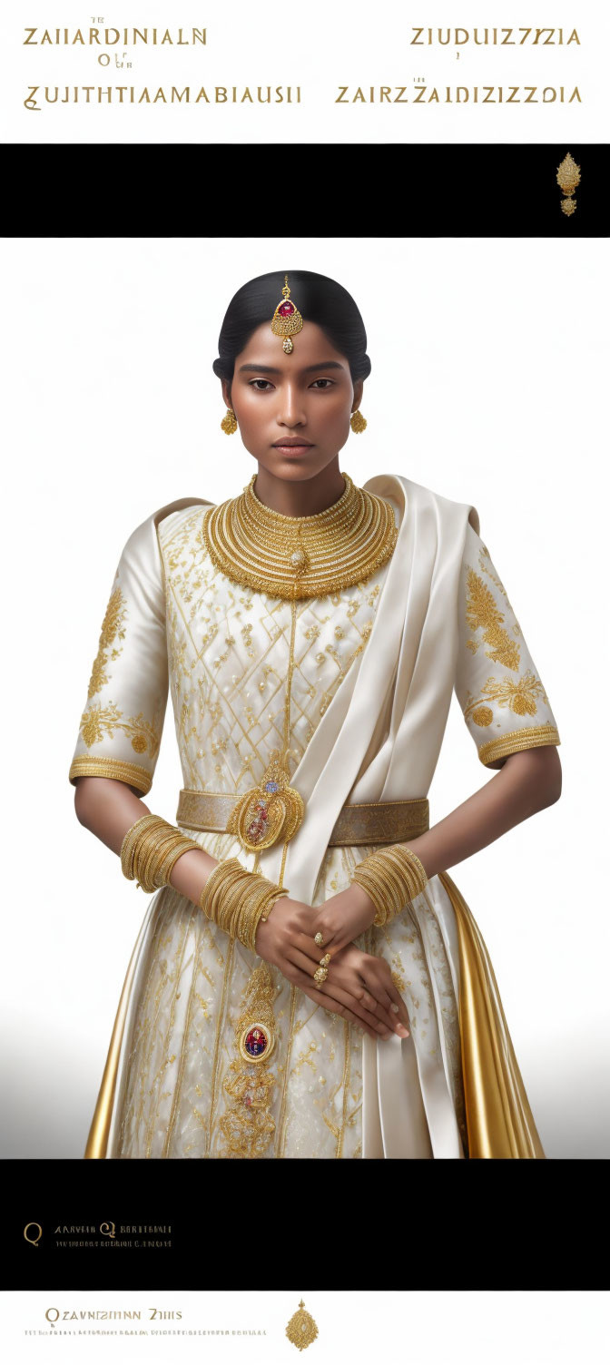 Traditional Indian Bridal Attire with Golden Jewelry on Woman pose elegantly.