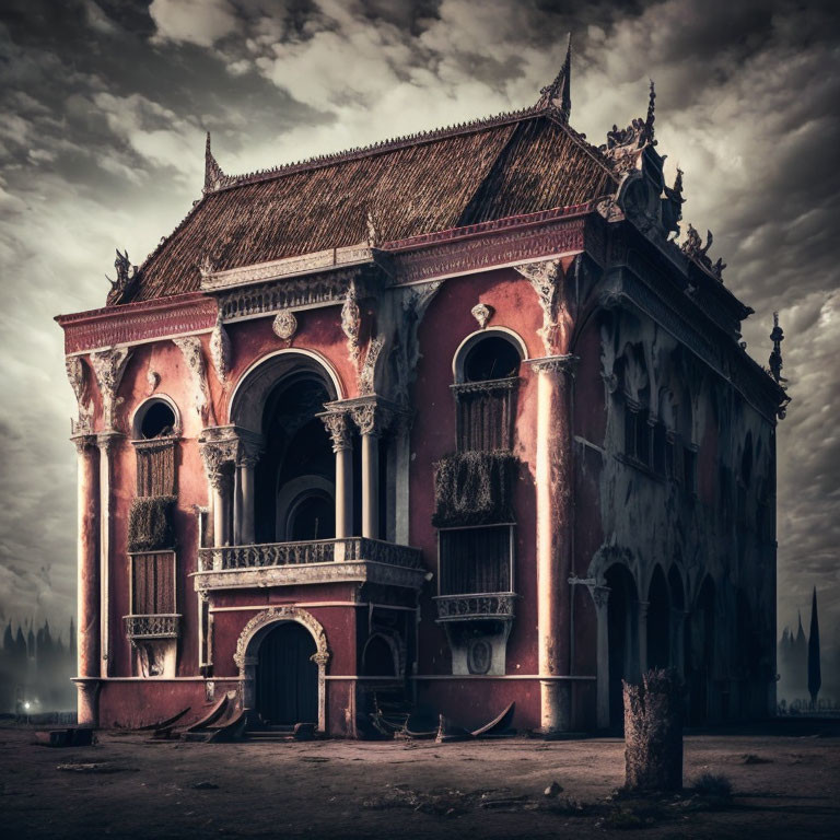 Desolate Gothic building with grand facade and red walls