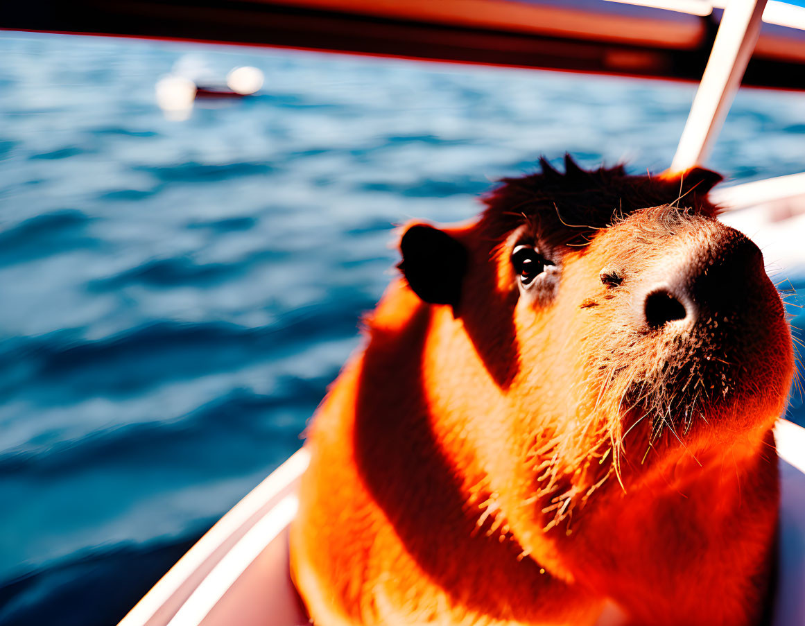 Close-up of curious capybara on boat with blue water backdrop.