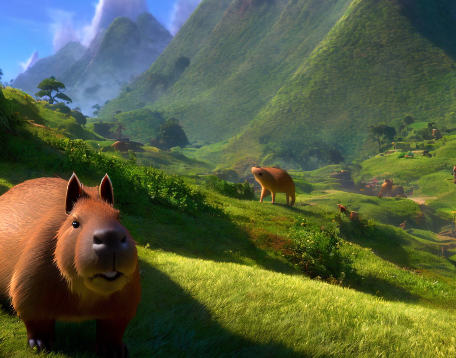 Capybaras in lush green landscape with misty mountain