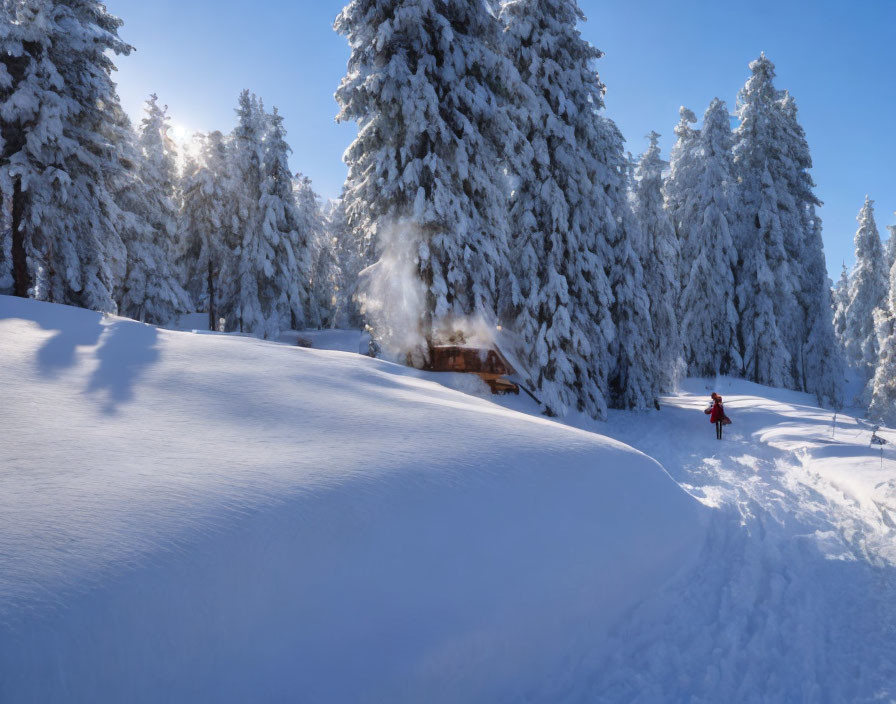 Snowy landscape: Person in red walking to cabin in snow-covered forest