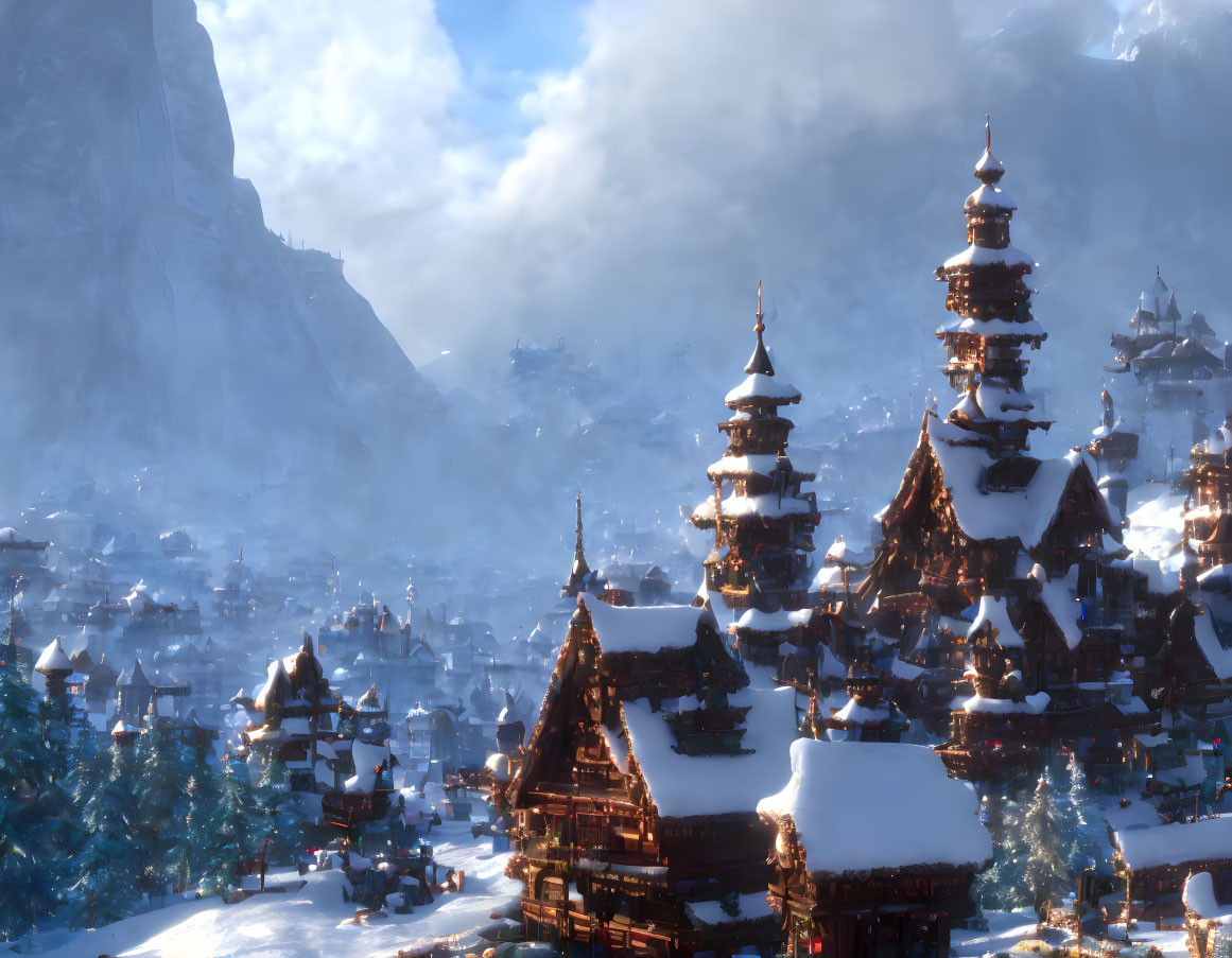 Snow-covered traditional wooden buildings and pagoda-like towers in wintry mountain backdrop