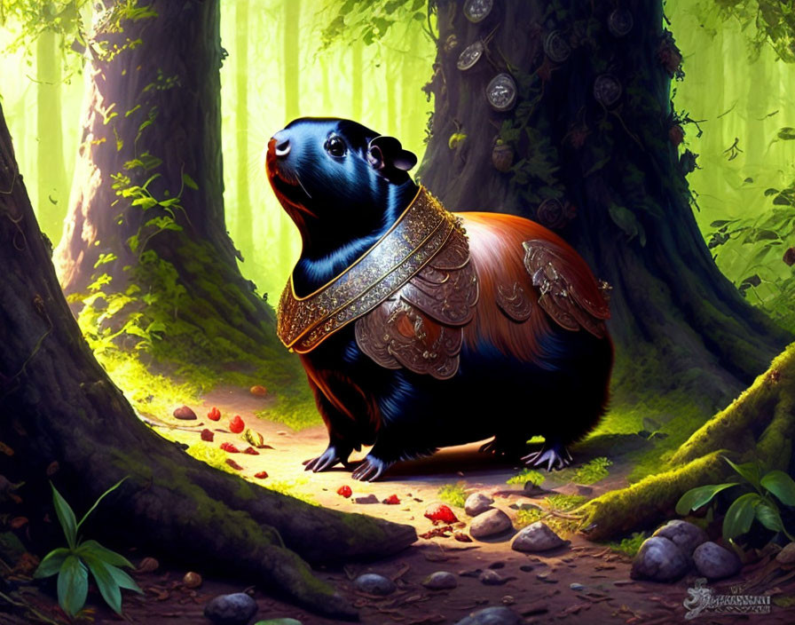 Stylized digital image of guinea pig in golden collar in magical forest