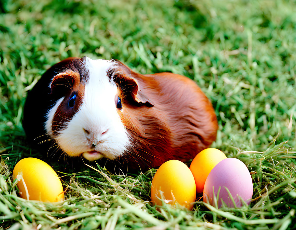 Brown and White Guinea Pig with Yellow and Purple Easter Eggs on Grass