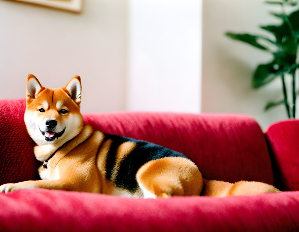 Shiba Inu dog relaxing on red couch in cream room