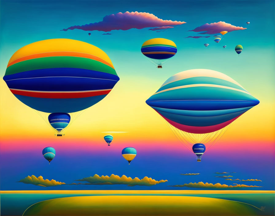 Vibrant hot air balloons in colorful sunset sky