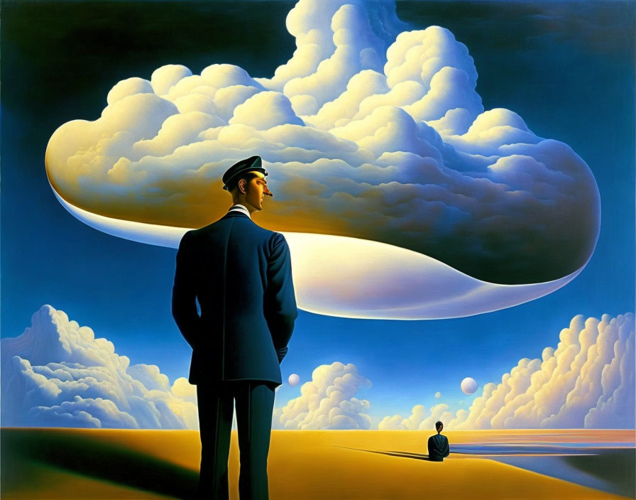 Surreal painting: man in suit mirrored by giant cloud, small figure in barren landscape