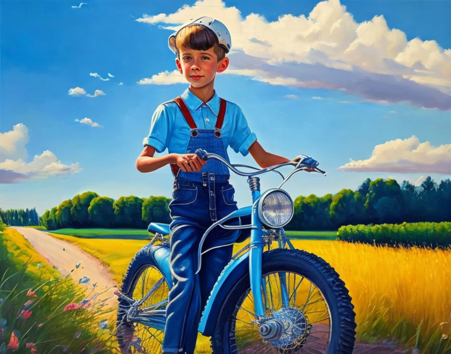 Young boy in straw hat and overalls with blue bicycle on sunny country road.