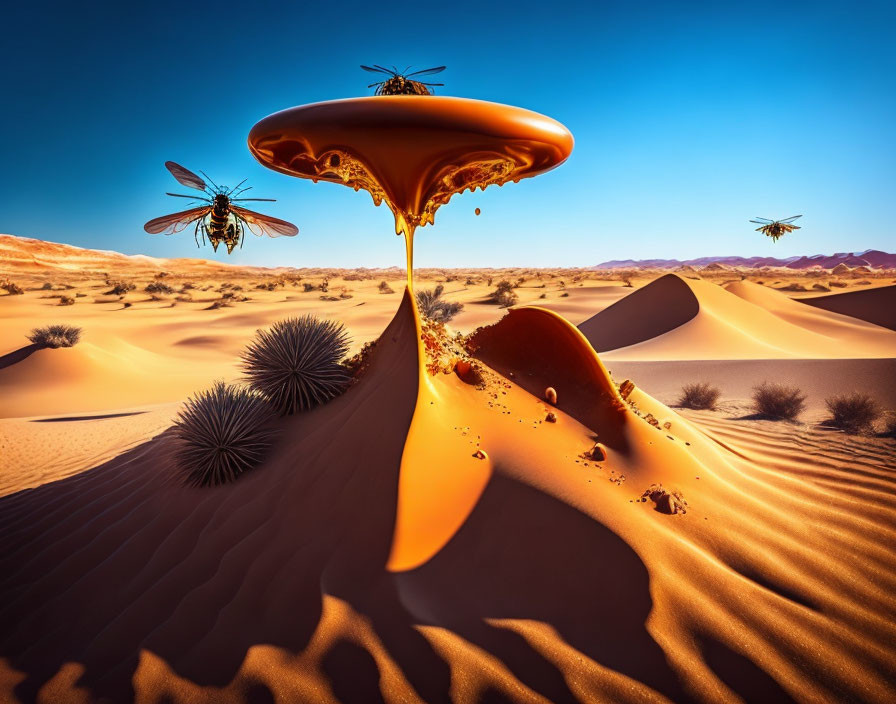 Surreal desert landscape with metallic insects and melting amber structure