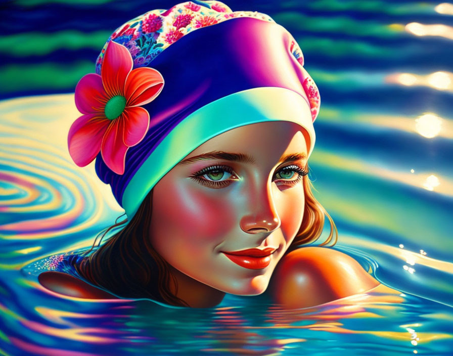 Digital artwork of woman in vibrant swim cap smiling in iridescent water