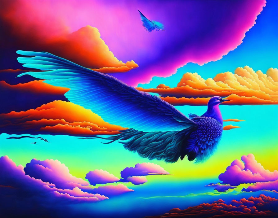 Colorful peacock flying in sunset sky with clouds.