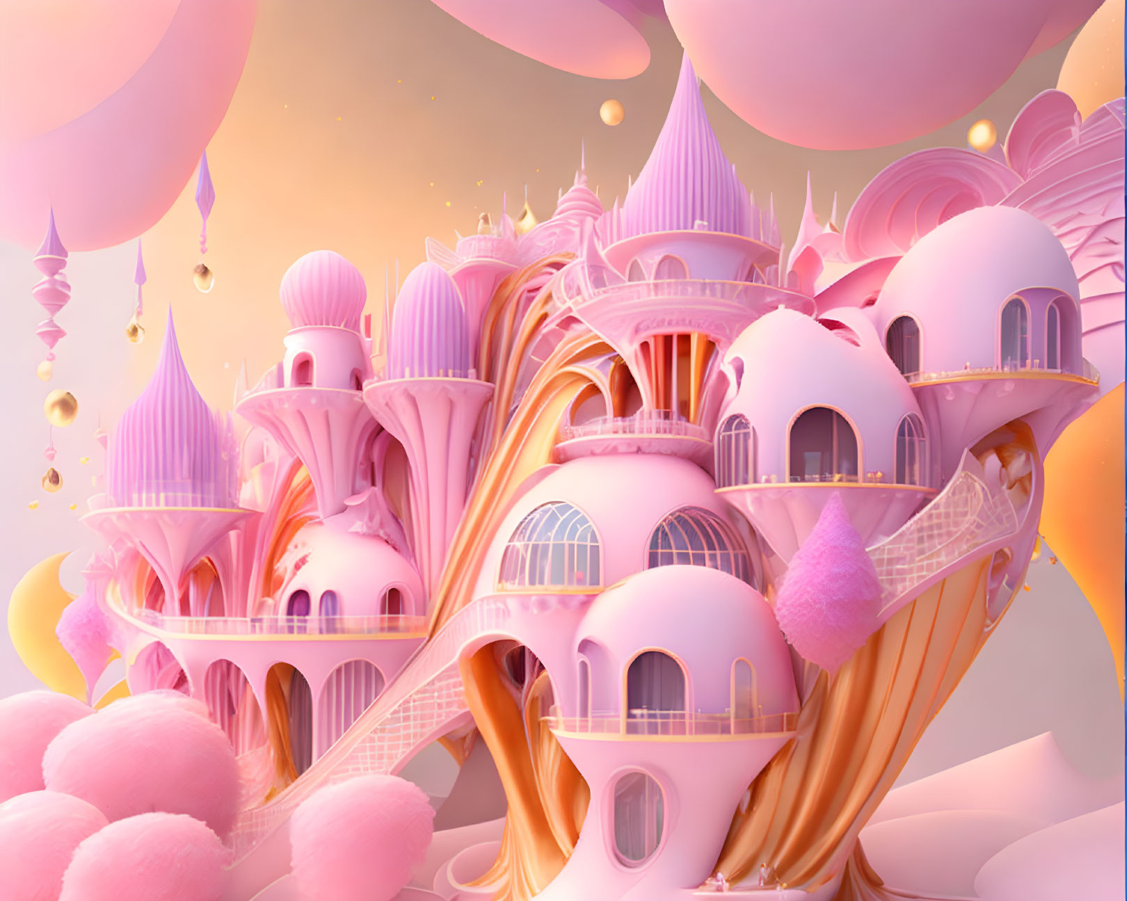 Pastel-colored digital artwork: Fantastical castle with towers and balconies