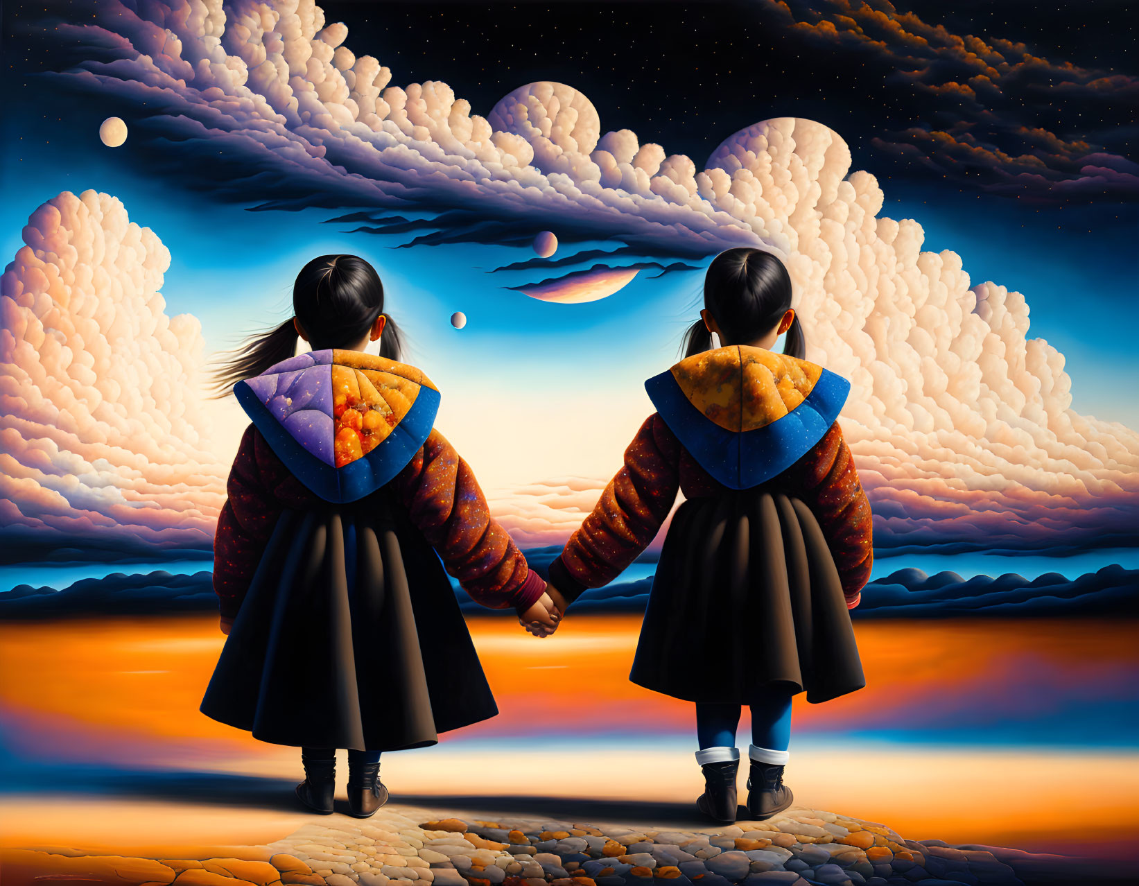 Two children under surreal sunset with multiple moons