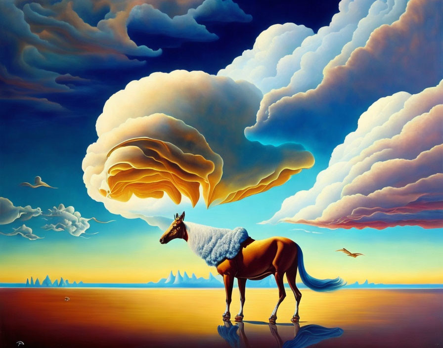 Surreal painting: Horse with obscured head, mushroom cloud, dramatic sky, birds, serene waters