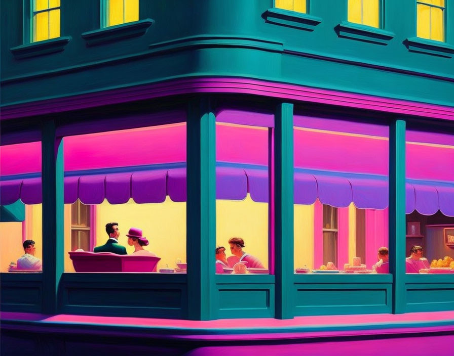 Colorful dusk scene with people dining under pink awnings.