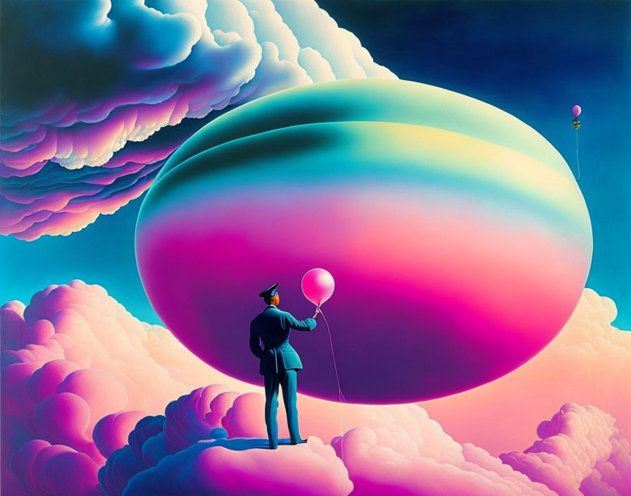 Surreal image of person in uniform with balloon on clouds and rainbow sphere