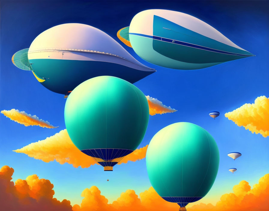 Vibrant Blue Sky with Colorful Airships and Hot Air Balloons