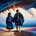 Children in star-patterned capes on hill under vibrant sky