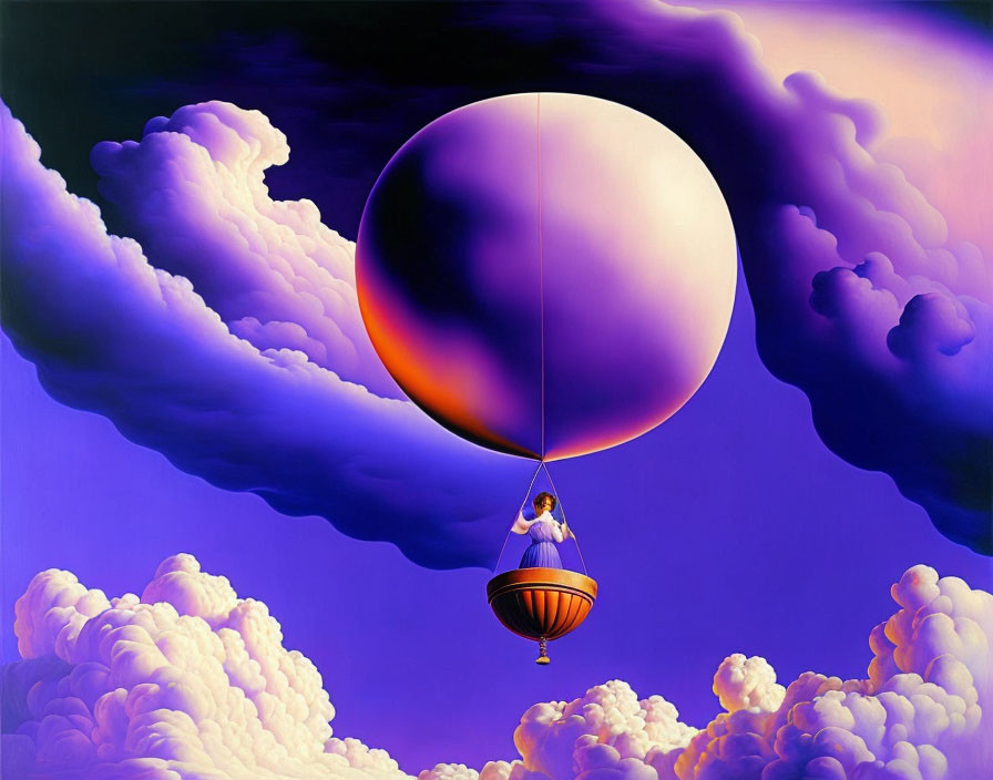 Surreal hot air balloon scene with spherical mirror in purple and blue clouds