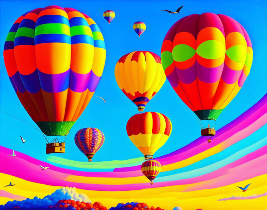 Vibrant hot air balloons in colorful sky with rainbow patterns