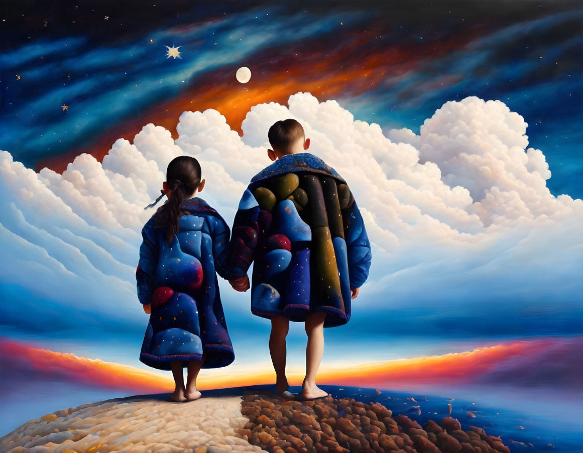 Children in star-patterned capes on hill under vibrant sky